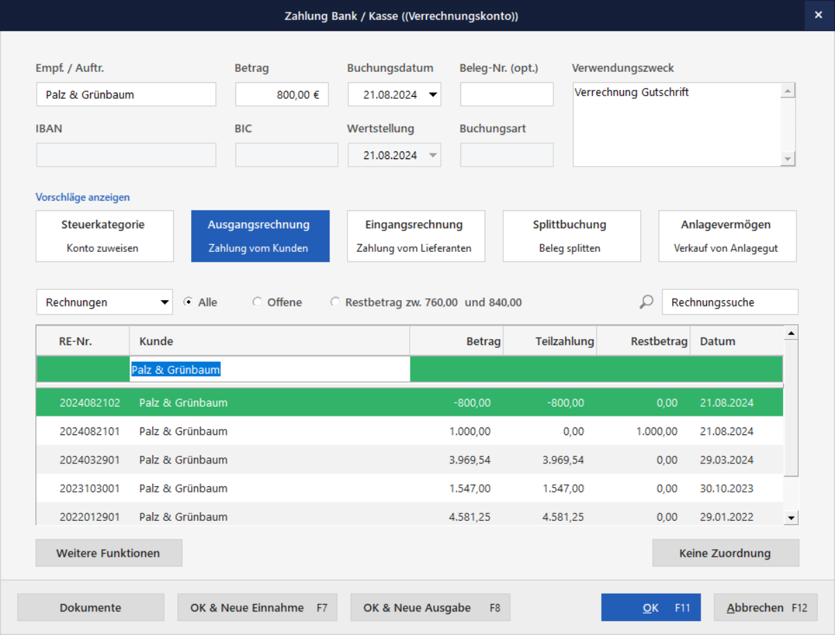 Verbuchung einer Rechnung mit einer Gutschrift